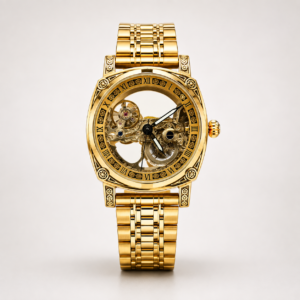 ROVITE automatic skeleton watch with carved gold case, Roman numerals, and gold link bracelet.