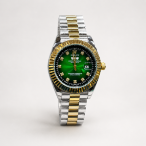 Two-tone silver and gold luxury style watch with green sunburst dial, crystal markers, gold fluted bezel, and jubilee bracelet.