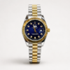 Two-tone silver and gold luxury style watch with blue sunburst dial, crystal markers, gold fluted bezel, and jubilee bracelet.