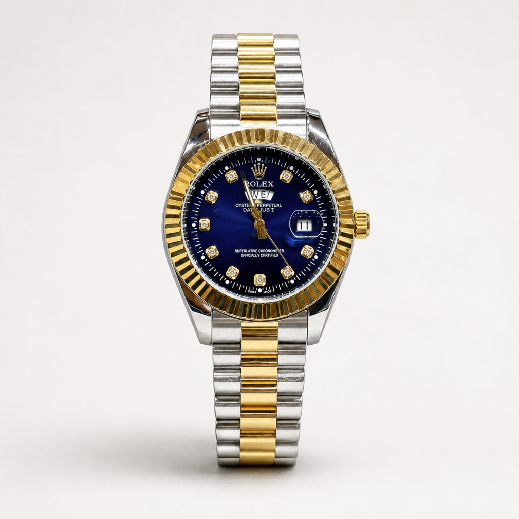 Two-tone silver and gold luxury style watch with blue sunburst dial, crystal markers, gold fluted bezel, and jubilee bracelet.