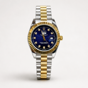 Two-tone silver and gold luxury style watch with blue sunburst dial, crystal markers, gold fluted bezel, and jubilee bracelet.