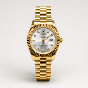 Full gold luxury style watch with silver sunburst dial, crystal markers, gold fluted bezel, day window, and presidential bracelet.