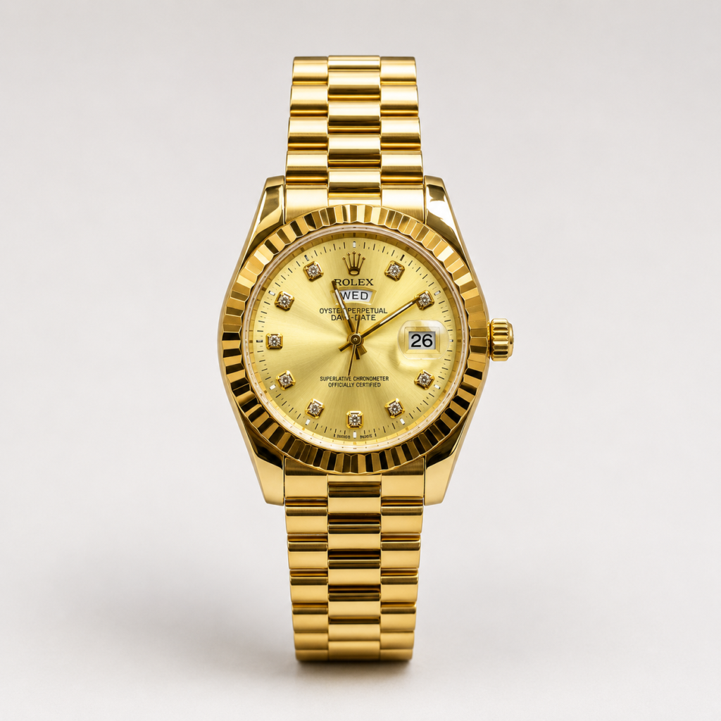 Full gold luxury style watch with champagne sunburst dial, crystal markers, fluted bezel, day window, and gold presidential bracelet.