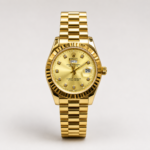 Full gold luxury style watch with champagne sunburst dial, crystal markers, fluted bezel, day window, and gold presidential bracelet.