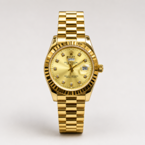 Full gold luxury style watch with champagne sunburst dial, crystal markers, fluted bezel, day window, and gold presidential bracelet.