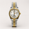 Two-tone silver and gold luxury style watch with silver sunburst dial, crystal markers, gold fluted bezel, and jubilee bracelet.