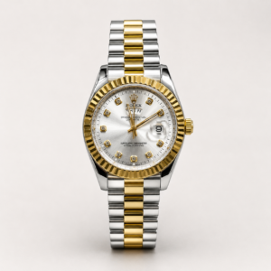 Two-tone silver and gold luxury style watch with silver sunburst dial, crystal markers, gold fluted bezel, and jubilee bracelet.