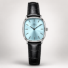 Elegance watch with ice blue sunburst dial, silver square case, and black leather strap.