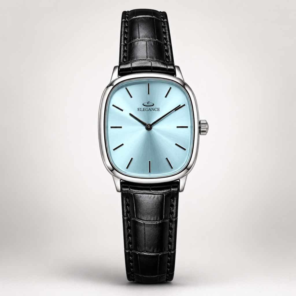 Elegance watch with ice blue sunburst dial, silver square case, and black leather strap.