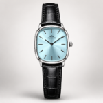 Elegance watch with ice blue sunburst dial, silver square case, and black leather strap.