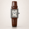Silver rectangular dress watch with white dial, black Roman numerals, blued-steel hands, and brown leather strap.