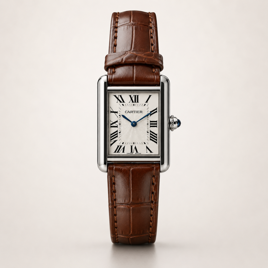 Silver rectangular dress watch with white dial, black Roman numerals, blued-steel hands, and brown leather strap.