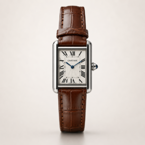 Silver rectangular dress watch with white dial, black Roman numerals, blued-steel hands, and brown leather strap.