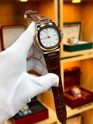 Patex Classic Watch – Silver Dial & Brown Leather Strap Hover Image
