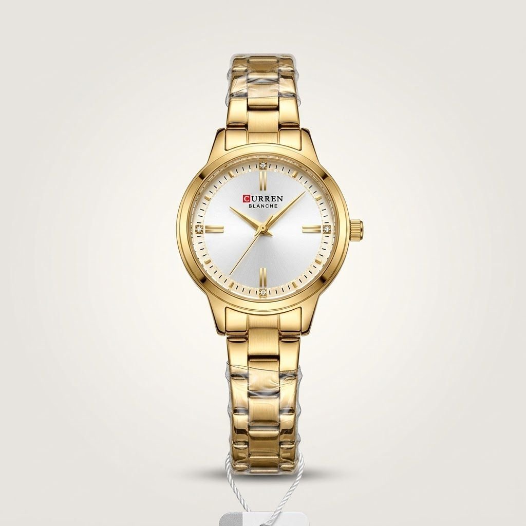 Curren Blanche 9094 women's gold-tone watch with white dial and round stainless steel bracelet.