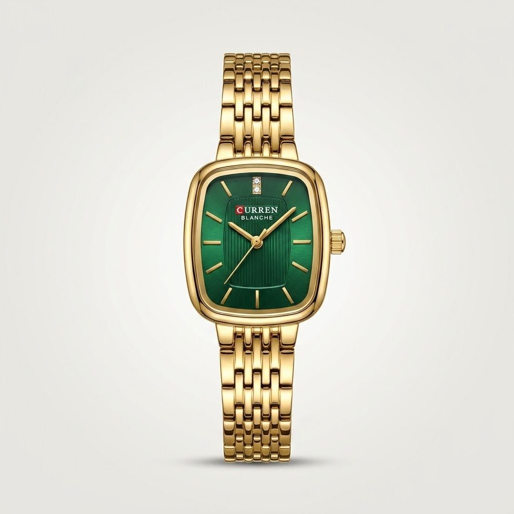 CURREN Blanche women's gold-tone watch with green rectangular dial and stainless steel bracelet.