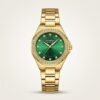 CURREN 9100 women's gold-tone watch with green sunburst dial, crystal markers, and rhinestone bezel.