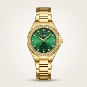 CURREN 9100 Women’s Gold Watch – Green Dial with Crystal Bezel