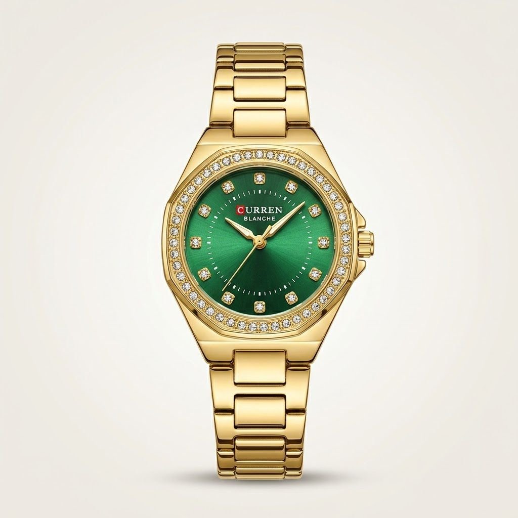CURREN 9100 women's gold-tone watch with green sunburst dial, crystal markers, and rhinestone bezel.