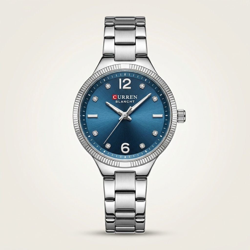 CURREN 9106 women's silver-tone watch with blue sunburst dial and crystal markers.