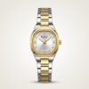 CURREN 9104 women's two-tone watch with white cushion-shaped dial and crystal markers.