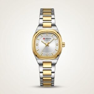 CURREN 9104 women's two-tone watch with white cushion-shaped dial and crystal markers.