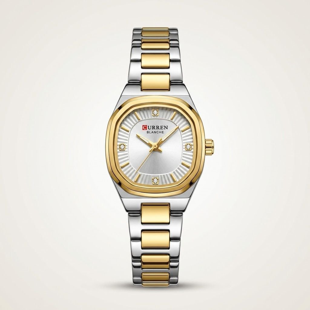 CURREN 9104 women's two-tone watch with white cushion-shaped dial and crystal markers.