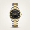 CURREN 9107 women's two-tone watch with black dial, crystal markers, and stainless steel bracelet.