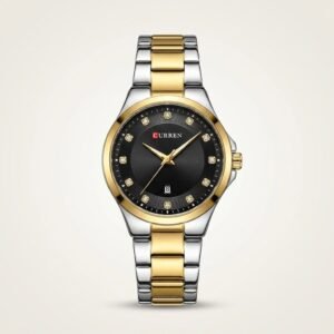 CURREN 9107 women's two-tone watch with black dial, crystal markers, and stainless steel bracelet.
