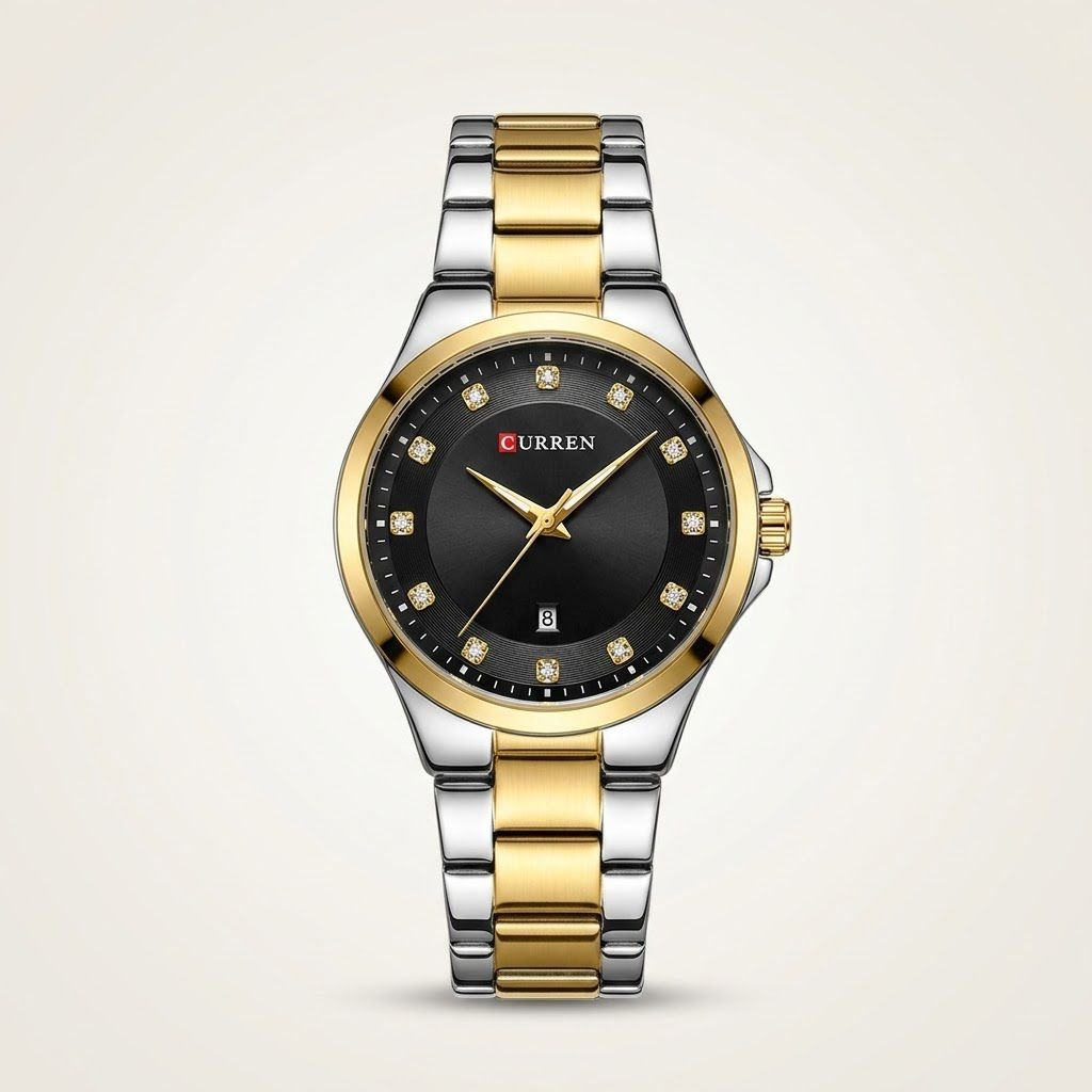 CURREN 9107 women's two-tone watch with black dial, crystal markers, and stainless steel bracelet.