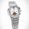 TIMESTAR automatic tourbillon watch with a blue dial, moon phase display, and stainless steel bracelet.