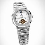 TIMESTAR automatic tourbillon watch with a blue dial, moon phase display, and stainless steel bracelet.