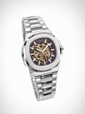 Silver Skeleton Integrated Watch – Gold Movement & Two-Tone Bracelet (Multiple colour options) Hover Image