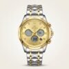 Bestwin two-tone watch with gold dial, digital display windows, and stainless steel bracelet.