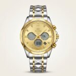 Bestwin two-tone watch with gold dial, digital display windows, and stainless steel bracelet.