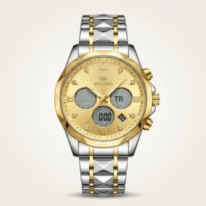 Bestwin two-tone watch with gold dial, digital display windows, and stainless steel bracelet.