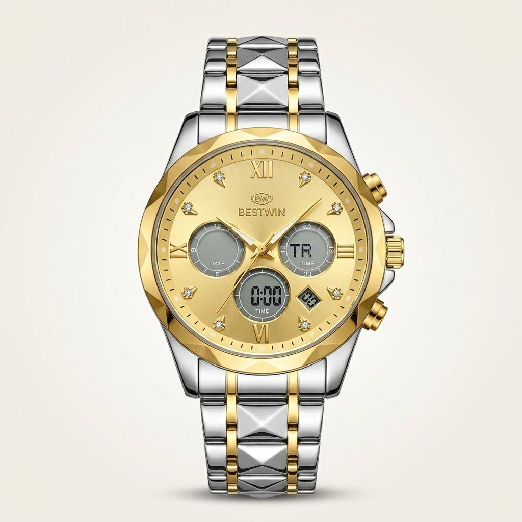 Bestwin two-tone watch with gold dial, digital display windows, and stainless steel bracelet.