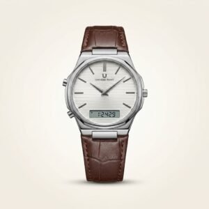 Universe Point Ana-log-Digital Watch – Silver Dial & Brown Leather Strap