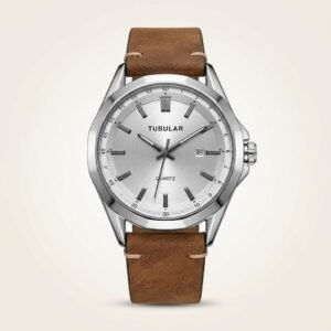 Silver dial Tubular quartz watch with silver baton indices, date window at 3 o'clock, and brown leather strap.