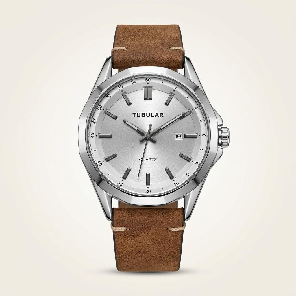 Silver dial Tubular quartz watch with silver baton indices, date window at 3 o'clock, and brown leather strap.