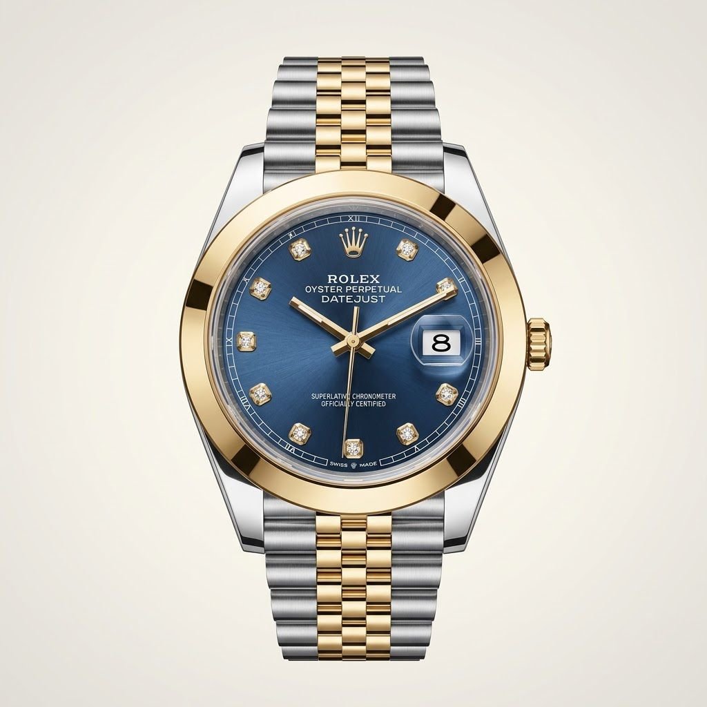 Two-tone silver and gold luxury style watch with blue sunburst dial, diamond markers, fluted gold bezel, and jubilee bracelet.