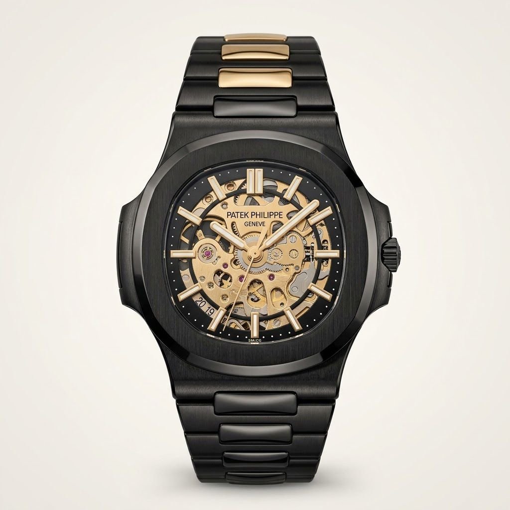Matte black skeleton watch with exposed gold gears, gold indices, and black and gold integrated bracelet.