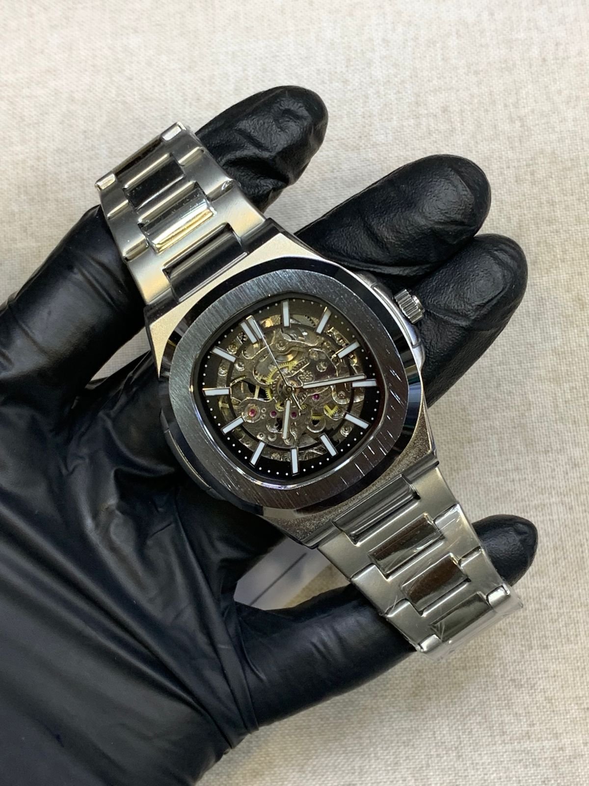 Black & Gold Skeleton Automatic Style Watch – Integrated Bracelet (Multiple Colours) Hover Image