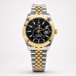 Two-tone silver and gold luxury style watch with black dial, luminous markers, gold fluted bezel, and jubilee bracelet.
