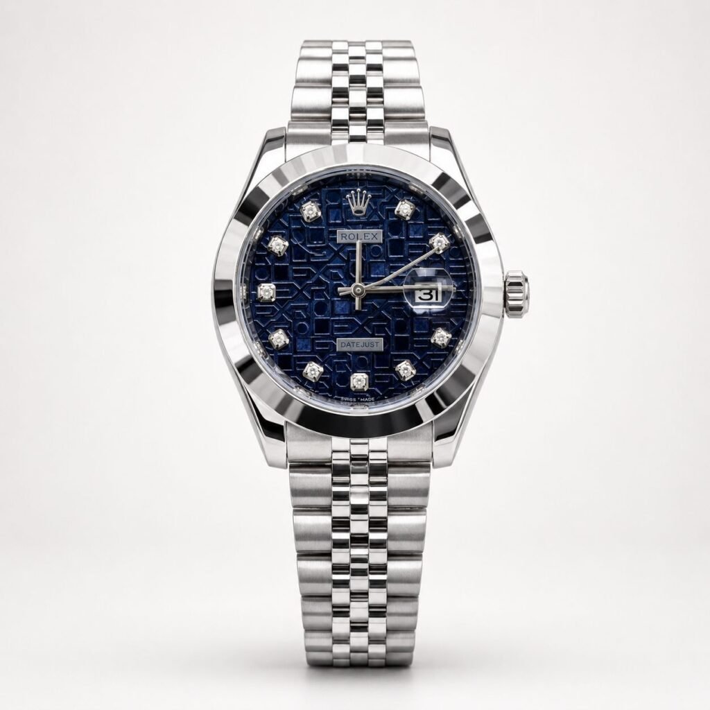 Silver luxury style watch with blue mosaic textured dial, crystal markers, fluted bezel, and jubilee bracelet.