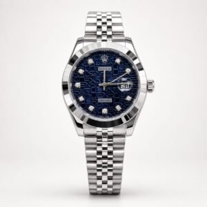 Silver luxury style watch with blue mosaic textured dial, crystal markers, fluted bezel, and jubilee bracelet.