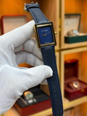 Gold Rectangular Dress Watch – Black Dial & Black Leather Strap Hover Image