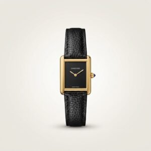 Gold rectangular dress watch with deep black dial, gold hands, and black leather strap.