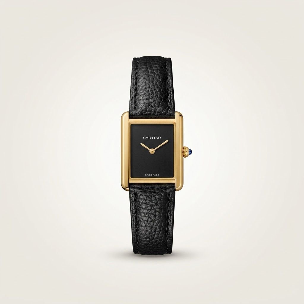 Gold rectangular dress watch with deep black dial, gold hands, and black leather strap.