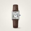 Silver rectangular dress watch with white dial, black Roman numerals, blued-steel hands, and brown leather strap.